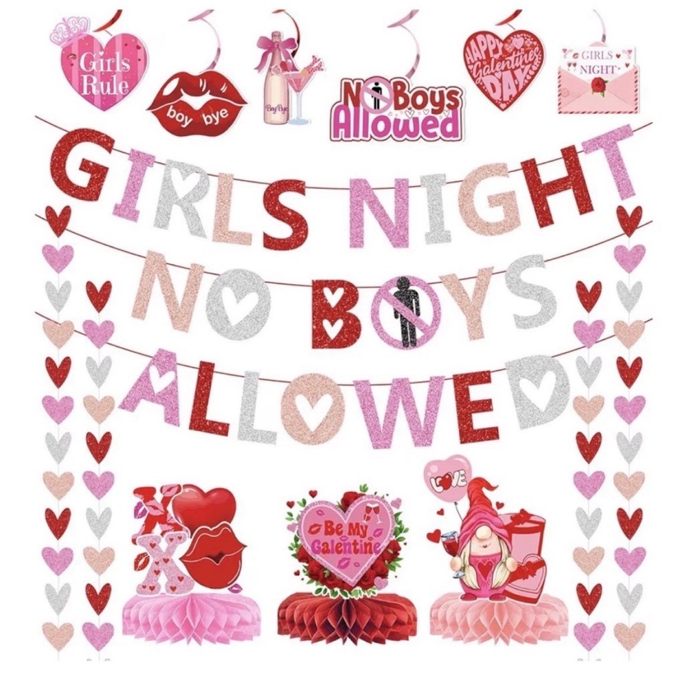 Girls Night No Boys Allowed Pink Red Glitter Party Banner and Decorations